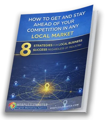 3D slim report cover titled “How to Get and Stay Ahead of Your Competition in Any Local Market,” featuring 8 strategies for local business success, with a slight angle, page depth, and subtle drop shadow on a transparent background