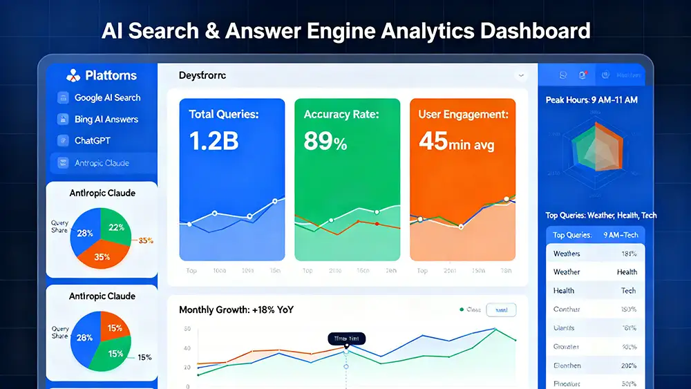 A dashboard showing analytics with high visibility metrics across various AI-driven search and answer engine platforms