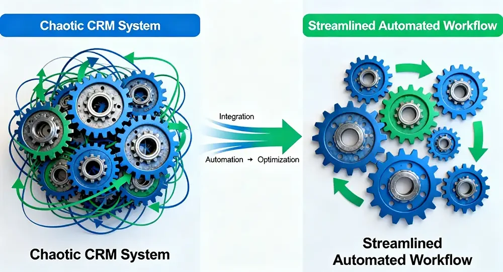 A diagram illustrating a chaotic, disconnected CRM system transforming into a streamlined, automated workflow with interconnected gears and arrows.