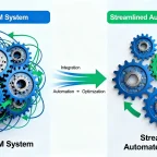 A diagram illustrating a chaotic, disconnected CRM system transforming into a streamlined, automated workflow with interconnected gears and arrows.
