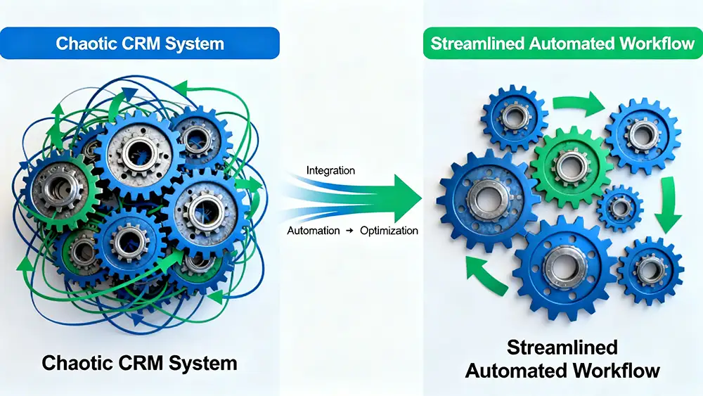 A diagram illustrating a chaotic, disconnected CRM system transforming into a streamlined, automated workflow with interconnected gears and arrows.