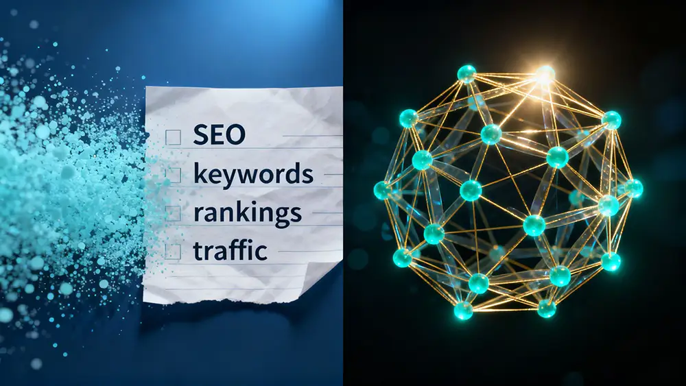 A conceptual image showing a traditional SEO keyword list dissolving while a structured, interconnected network of ideas and entities forms, representing the shift to AI-driven search.