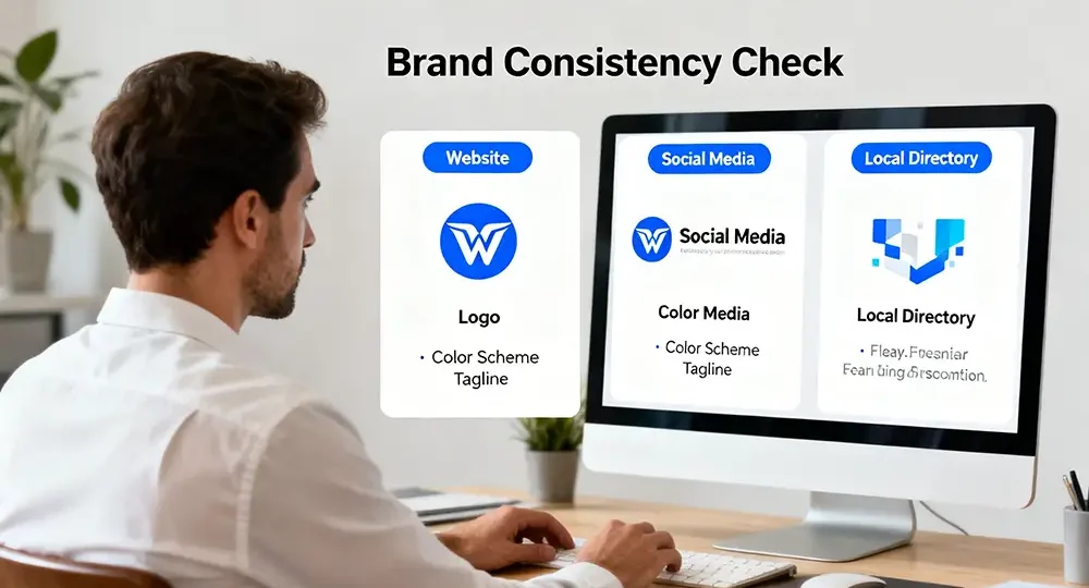 A business owner comparing branding elements across website, social media, and local directory listings to ensure consistency