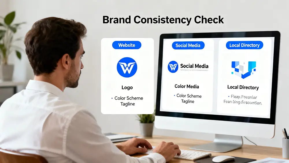 A business owner comparing branding elements across website, social media, and local directory listings to ensure consistency