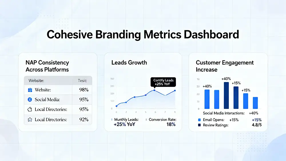 branding-metrics-dashboard A dashboard showing cohesive branding metrics, matching NAP across platforms, and an increase in leads and customer engagement