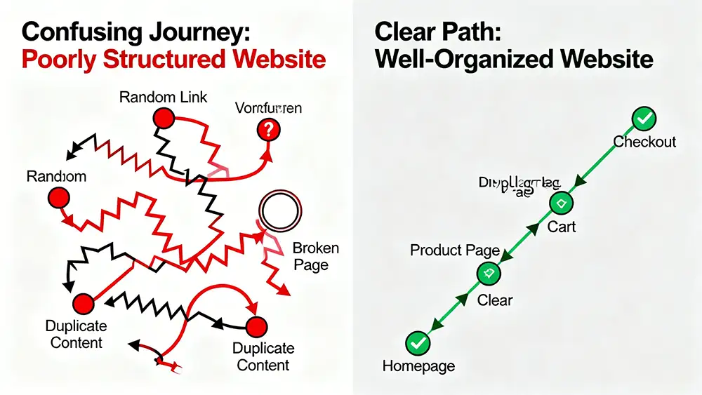 A diagram showing a user's confusing, tangled journey through a poorly structured website contrasted with a clear, linear path on a well-organized site.
