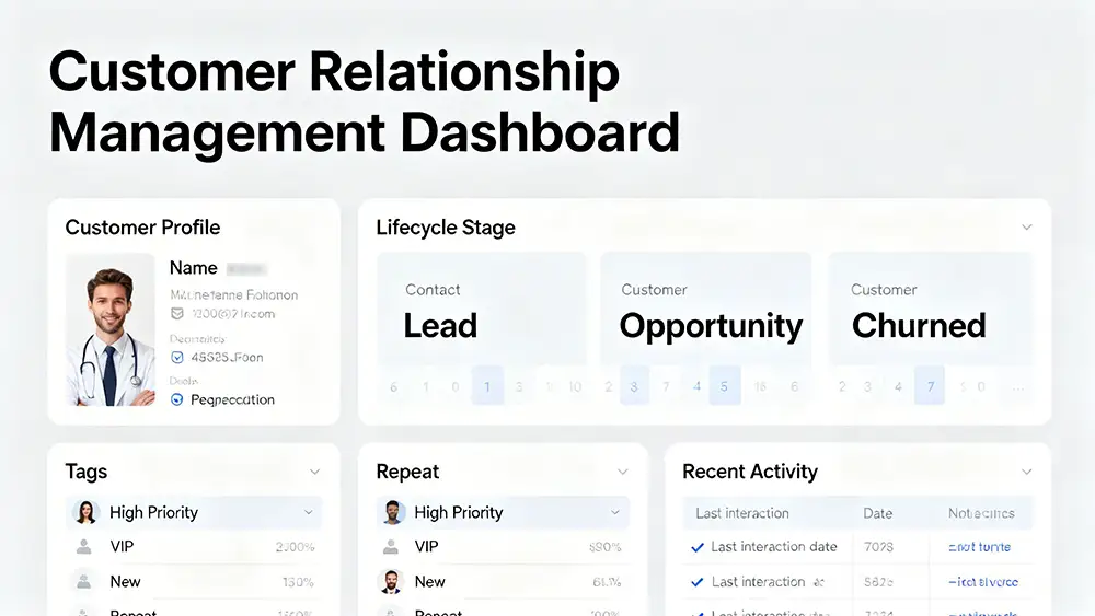 A clean and organized CRM dashboard showing customer profiles with clear lifecycle stages, tags, and recent activity, demonstrating a well-structured data system.v