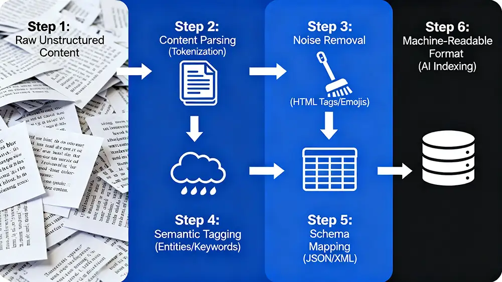 A diagram illustrating the transformation of unstructured blog content into a structured, machine-readable format for AI discovery