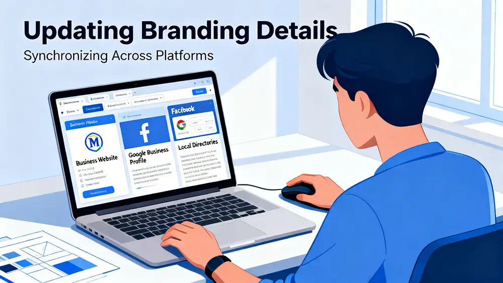 updating-branding-details A designer updating and synchronizing branding details on a business website, Facebook, Google Business Profile, and local directories