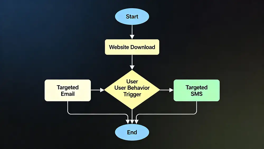 A flowchart illustrating an automated customer journey, starting with a website download and branching into a sequence of targeted emails and SMS messages based on user behavior.