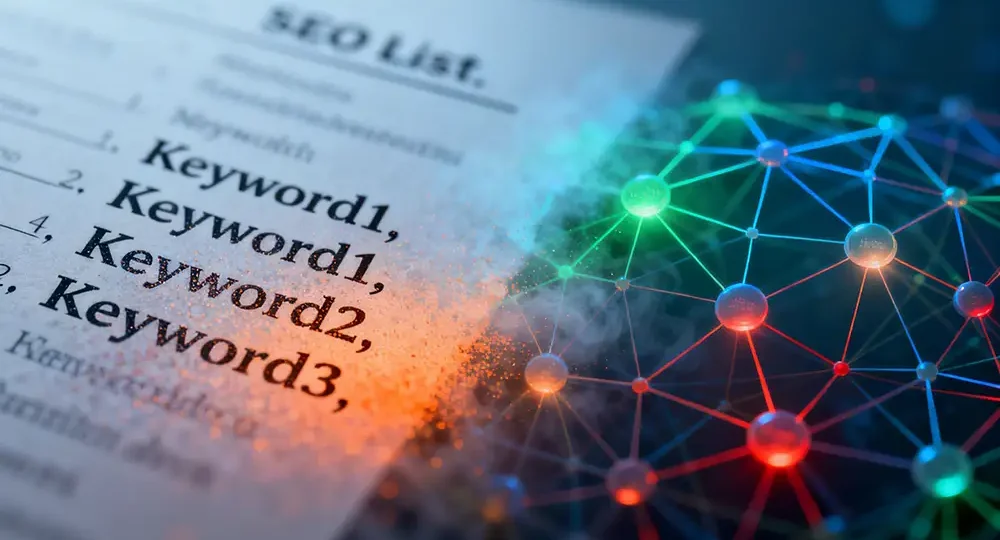 A conceptual image showing a traditional SEO keyword list dissolving while a structured, interconnected network of ideas and entities forms, representing the shift to AI-driven search.