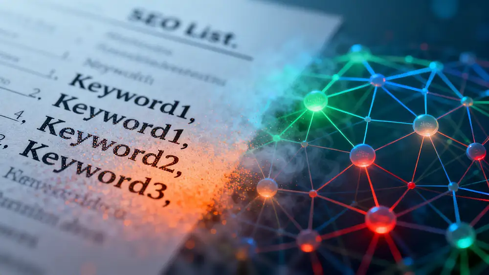A conceptual image showing a traditional SEO keyword list dissolving while a structured, interconnected network of ideas and entities forms, representing the shift to AI-driven search.