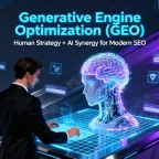 A futuristic illustration showing the intersection of human strategy and artificial intelligence, representing the concept of Generative Engine Optimization (GEO) for modern SEO.