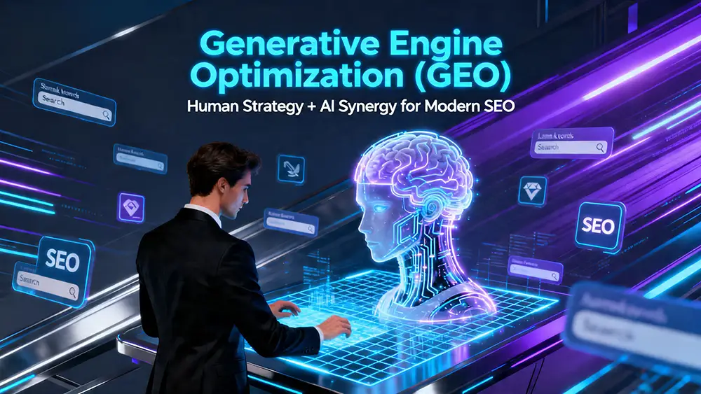 A futuristic illustration showing the intersection of human strategy and artificial intelligence, representing the concept of Generative Engine Optimization (GEO) for modern SEO.