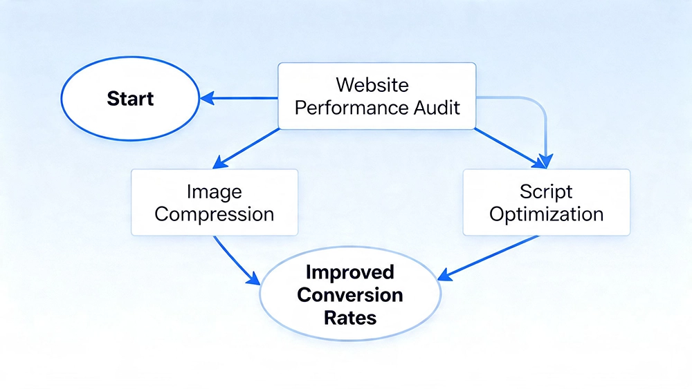 A flowchart illustrating the process of website performance optimization, starting with an audit, moving to image compression and script optimization, and ending with improved conversion rates.