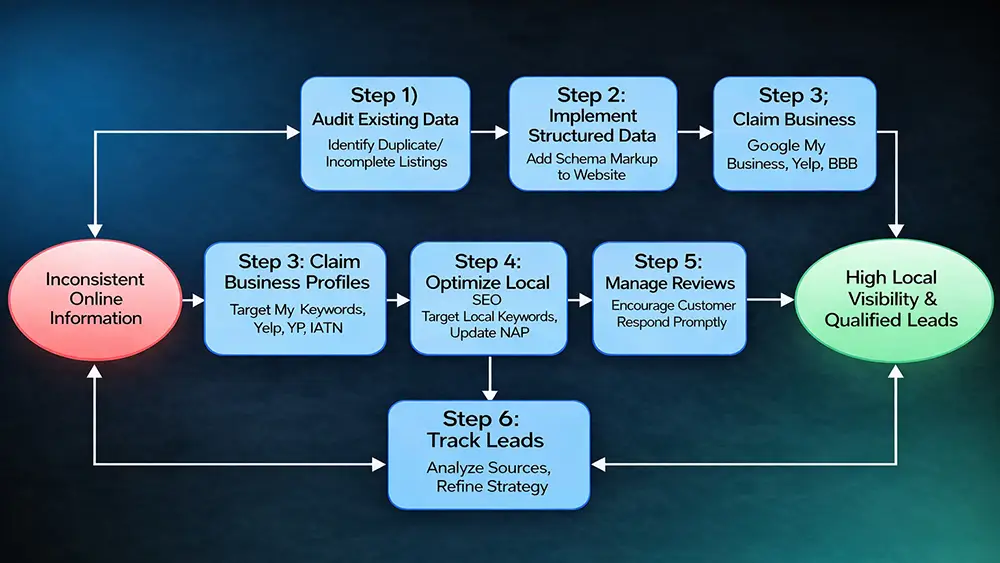 A flowchart illustrating a home service company's journey from inconsistent online information to achieving high local visibility and qualified leads through structured data optimization.