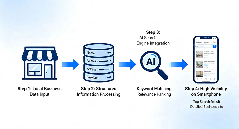 A diagram showing how structured information from a local business flows into an AI search engine, resulting in high visibility on a smartphone screen.