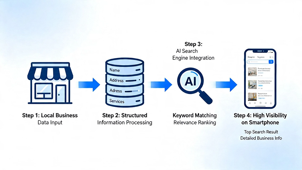 A diagram showing how structured information from a local business flows into an AI search engine, resulting in high visibility on a smartphone screen.