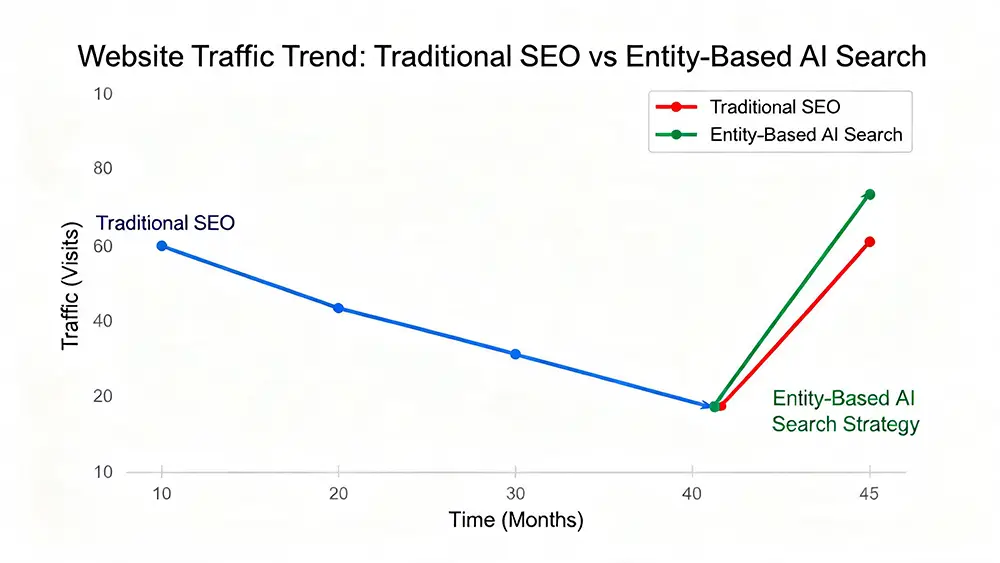 A graph showing a website's traffic declining with traditional SEO and then rising after implementing an entity-based strategy for AI search.
