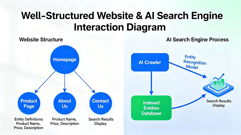 A diagram illustrating a well-structured website with clear entity definitions being successfully understood and featured by an AI search engine.