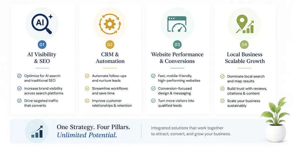 Four-pillar digital marketing growth framework featuring AI visibility and SEO, CRM and automation, website performance and conversions, and local business scalable growth strategies