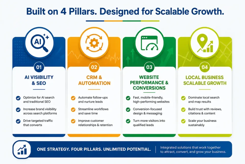 Professional horizontal infographic illustrating Webpuzzlemaster’s 4-pillar digital growth framework: AI Visibility & SEO, CRM & Automation, Website Performance & Conversions, and Local Business Scalable Growth using branded blue, orange, green, and yellow design elements.