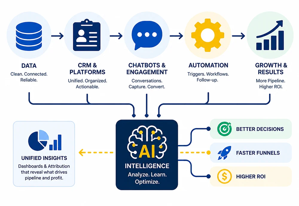 AI Marketing Automation and Unified Data Intelligence System AI marketing automation infographic showing connected data, CRM platforms, chatbots, automation workflows, AI intelligence, unified insights, better decisions, faster funnels, and higher ROI.