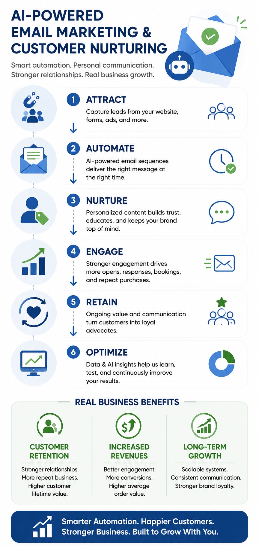 Mobile AI Email Marketing & Customer Nurturing Automation Infographicstem-mobile Mobile-friendly infographic showing AI-powered email marketing and customer nurturing automation processes, including lead generation, automated messaging, customer engagement, retention workflows, increased revenues, customer loyalty, and scalable long-term business growth systems.