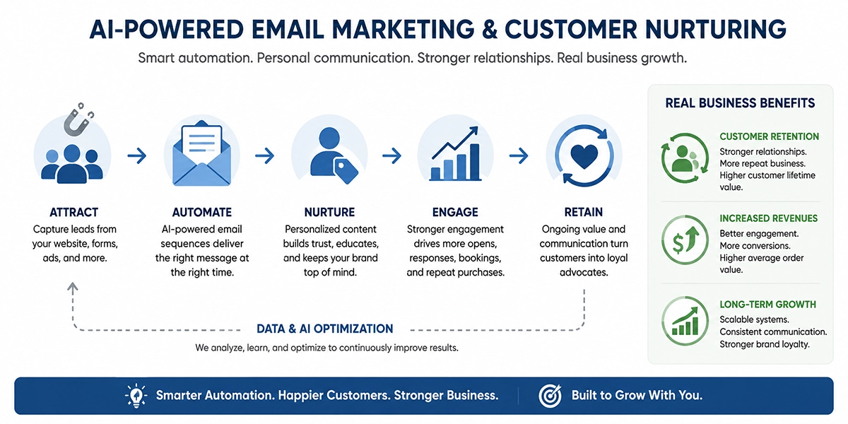 AI-Powered Email Marketing & Customer Nurturing Automation System Horizontal infographic illustrating AI-powered email marketing and customer nurturing workflows, including lead capture, automated email sequences, customer engagement, retention strategies, increased revenues, customer loyalty, and long-term business growth through CRM-integrated automation systems.