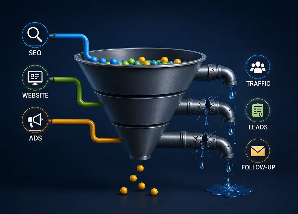 Leaking marketing funnel showing SEO, website, and ads feeding traffic, leads, and follow-up with system breakdown and lost conversions