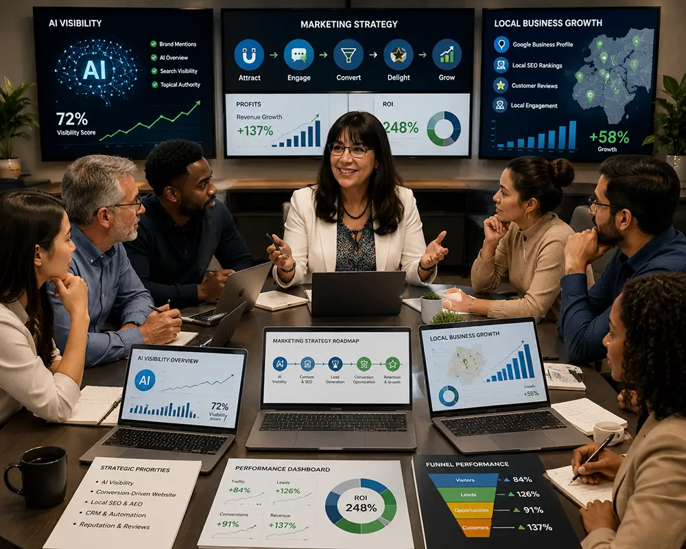 Ruth Kuttler leading a diverse marketing and AI strategy team meeting focused on AI visibility, SEO, local business growth, conversion optimization, CRM automation, and business performance analytics