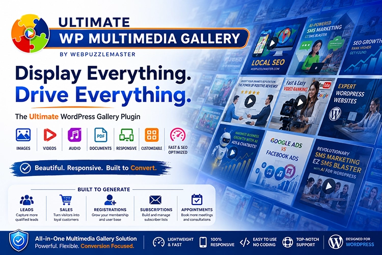 Professional promotional graphic for Ultimate WP Multimedia Gallery, a proprietary Webpuzzlemaster WordPress multimedia gallery plugin designed for conversions, featuring responsive image and video galleries, customizable layouts, SEO optimization, and tools to generate leads, sales, registrations, subscriptions, and appointments.