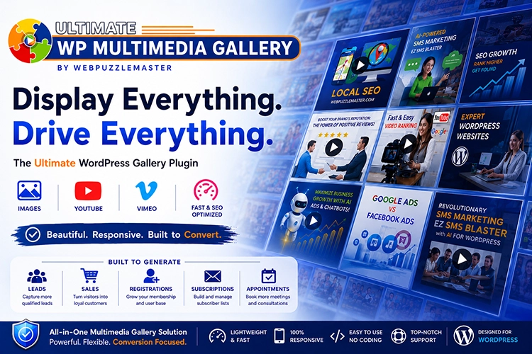 Professional promotional graphic for Ultimate WP Multimedia Gallery, a proprietary Webpuzzlemaster WordPress multimedia gallery plugin designed for conversions, featuring responsive image and video galleries, customizable layouts, SEO optimization, and tools to generate leads, sales, registrations, subscriptions, and appointments.