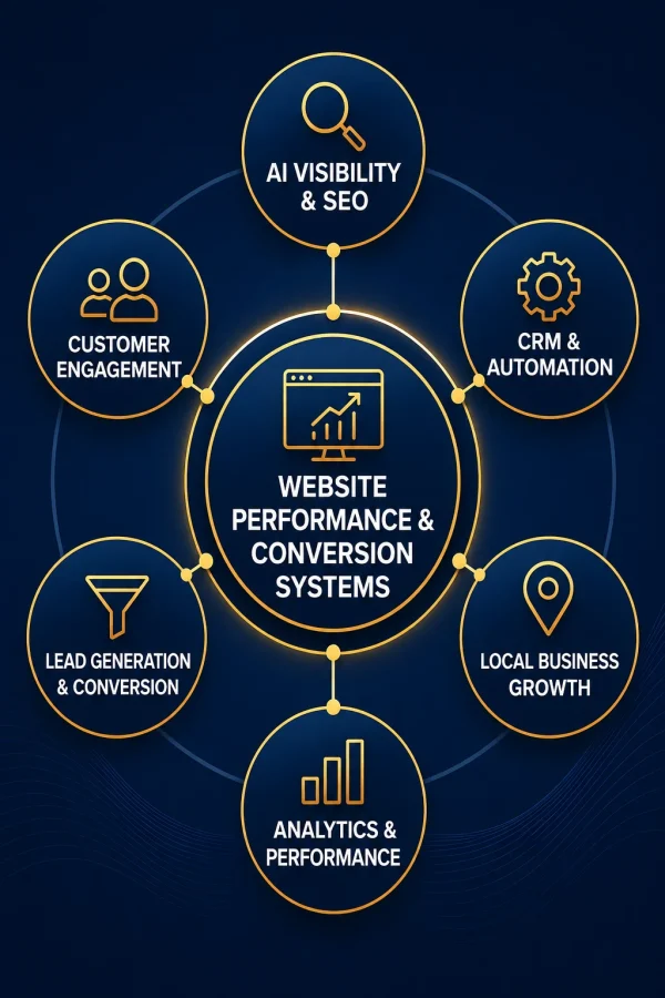 Strategic diagram showing Website Performance & Conversion Systems as the central hub connecting AI Visibility & SEO, CRM & Automation, Customer Engagement, Lead Generation & Conversion, Analytics & Performance, and Local Business Growth.