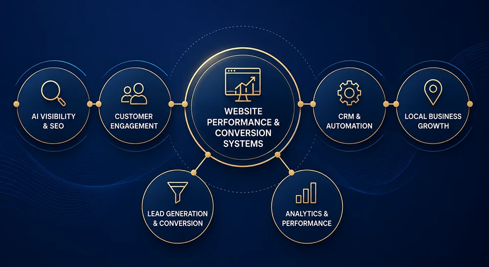 Strategic diagram showing Website Performance & Conversion Systems as the central hub connecting AI Visibility & SEO, CRM & Automation, Customer Engagement, Lead Generation & Conversion, Analytics & Performance, and Local Business Growth.