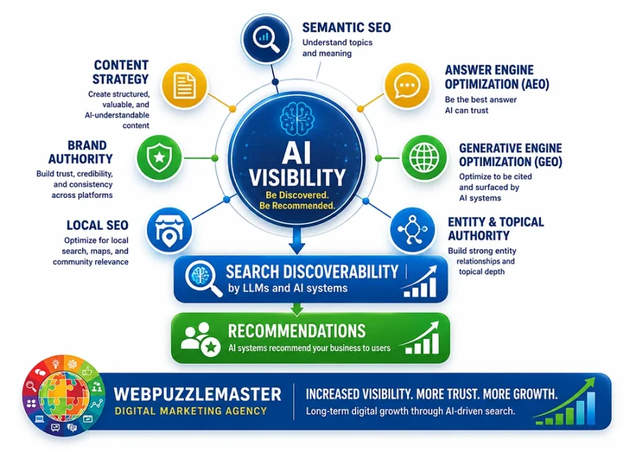 AI Visibility Ecosystem & Search Discoverability Frameworkendations Professional infographic illustrating the relationship between AI visibility, semantic SEO, AEO, GEO, local SEO, topical authority, and AI-driven search discoverability through large language models and modern search ecosystems.