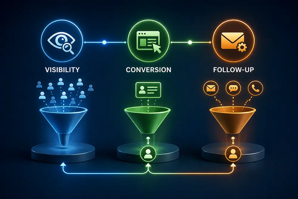 Aligned marketing system showing visibility, conversion, and follow-up working together in a connected funnel process