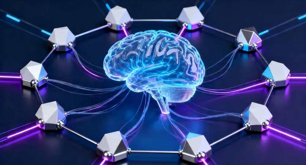 A conceptual image showing a digital brain connecting structured data points, representing the core idea of answer engine optimization for modern search visibility.