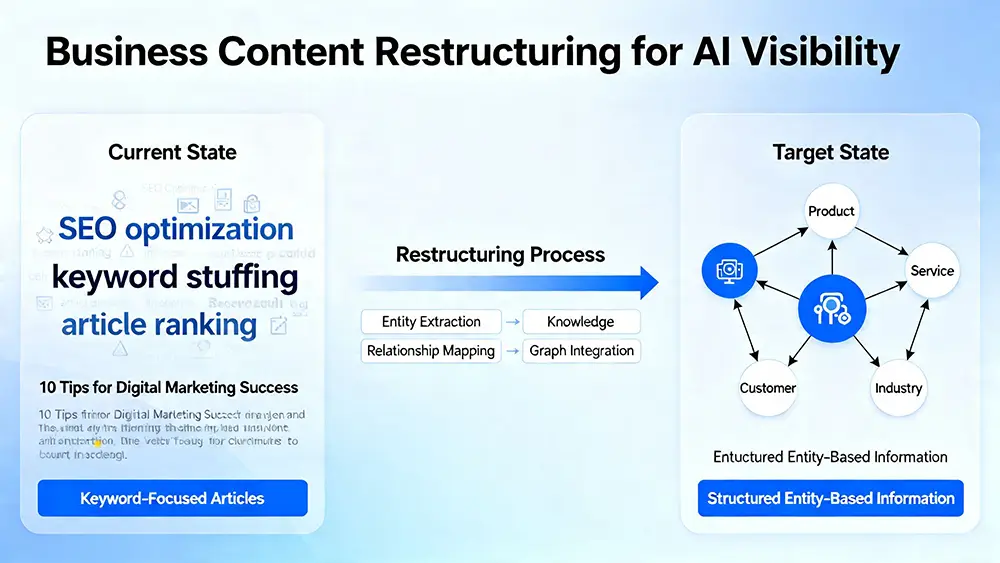 business-content-restructuring-for-AI-visibility A diagram illustrating a business's content being restructured from keyword-focused articles to structured, entity-based information for AI visibility.