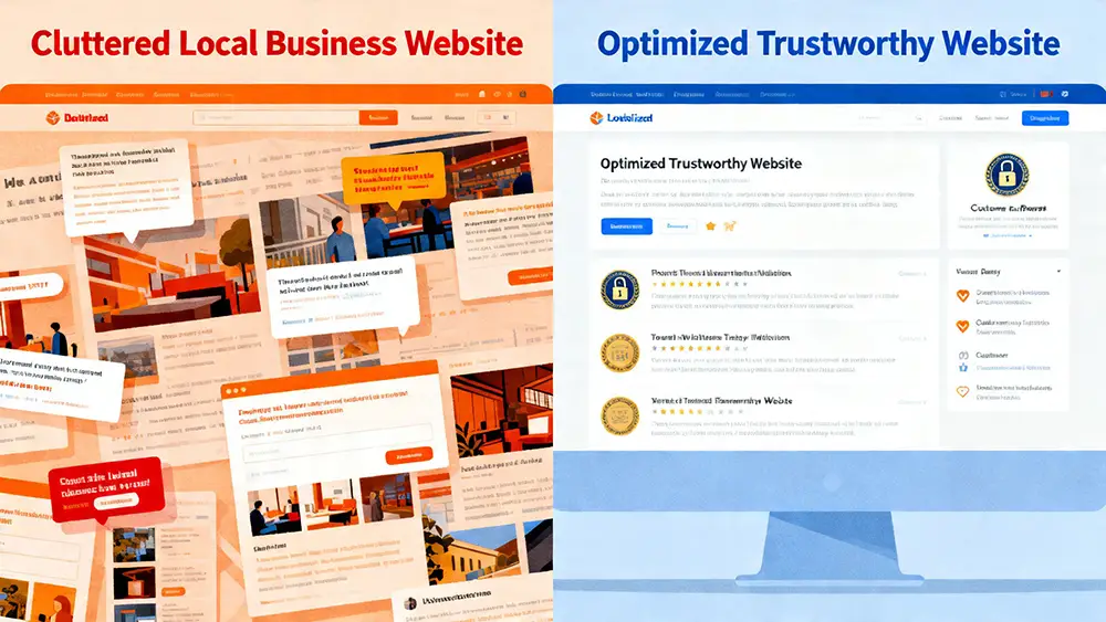 cluttered-vs-clean-optimized-website A split image showing a cluttered, confusing local business website on one side and a clean, optimized, and trustworthy website on the other