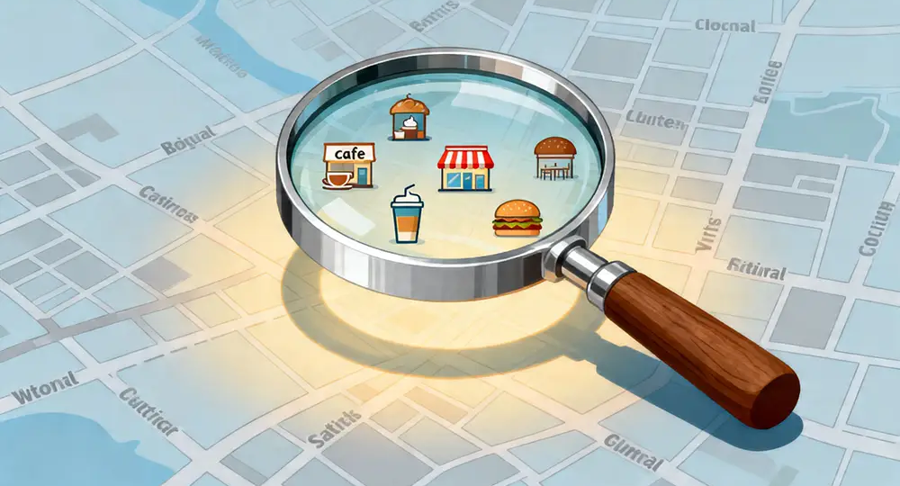 A magnifying glass hovering over a map of a city, highlighting local businesses, symbolizing local business visibility and lead generation.