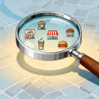 A magnifying glass hovering over a map of a city, highlighting local businesses, symbolizing local business visibility and lead generation.