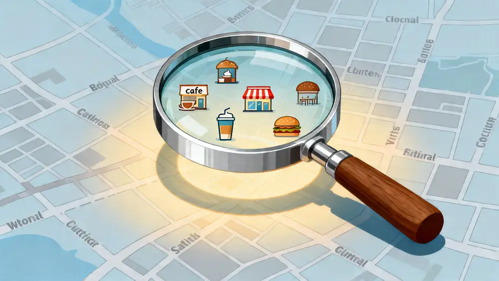 A magnifying glass hovering over a map of a city, highlighting local businesses, symbolizing local business visibility and lead generation.