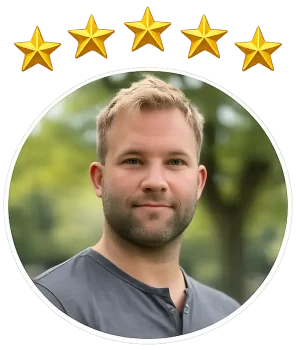 Five-star client testimonial headshot of Specialty Surfaces owner displayed in a circular portrait with transparent background for website review section
