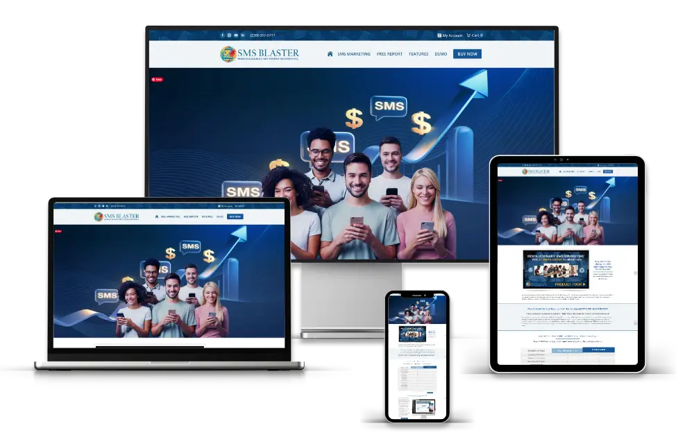 eZ SMS Blaster Responsive WordPress Plugin Website eZ SMS Blaster AI-powered SMS marketing WordPress plugin website displayed on desktop tablet laptop and mobile devices