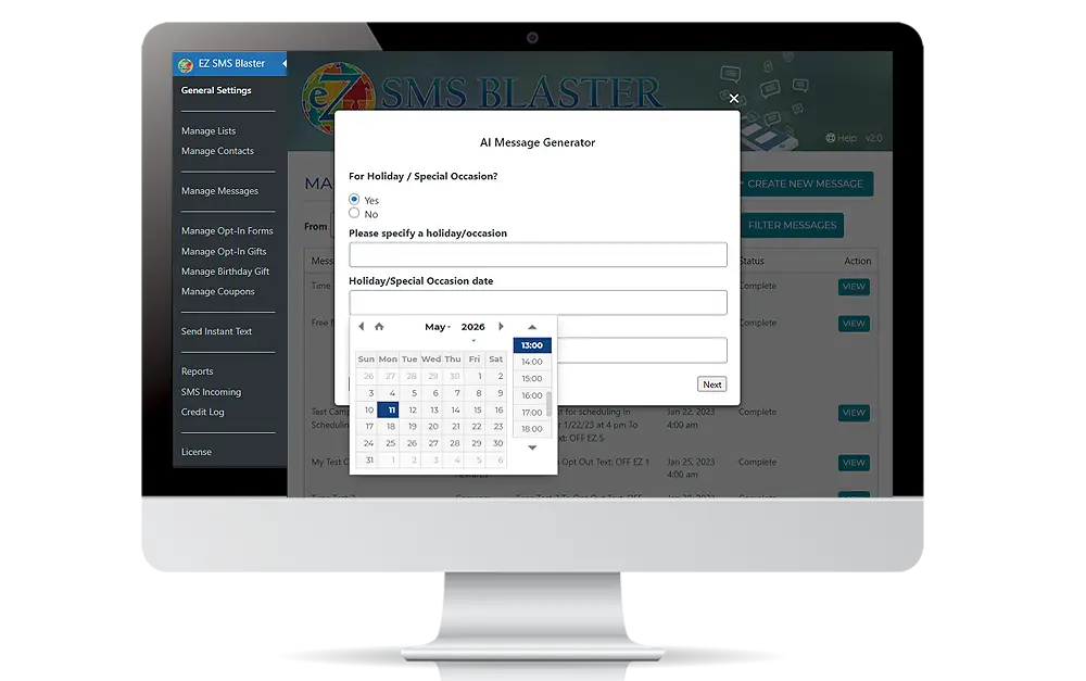 eZ SMS Blaster AI SMS Message Generator eZ SMS Blaster AI-powered SMS message generator for WordPress featuring holiday scheduling, automated messaging, and SMS campaign management