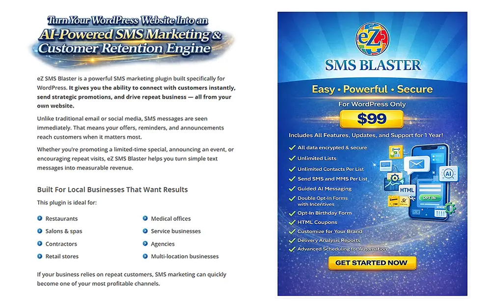 eZ SMS Blaster AI-Powered SMS Marketing Plugin eZ SMS Blaster AI-powered WordPress SMS marketing plugin for customer retention, automated messaging, and local business growth