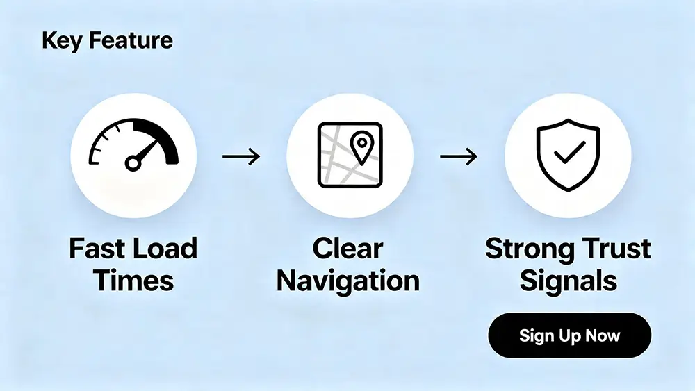 An infographic with icons representing fast load times, clear navigation, and strong trust signals leading to a prominent conversion button.