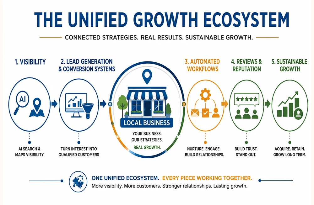 Unified Growth Ecosystem for Local Business Growth Unified Growth Ecosystem diagram showing how AI search visibility, maps visibility, lead generation and conversion systems, marketing automation, review management, customer retention, and sustainable business growth work together to support local business success.