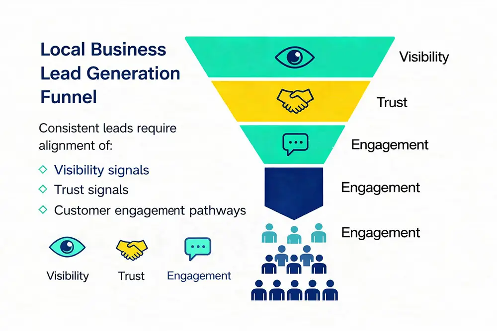 local-business-lead-generation-funnel A graphic showing a funnel with icons for visibility, trust, and engagement leading to a steady stream of customer icons at the bottom
